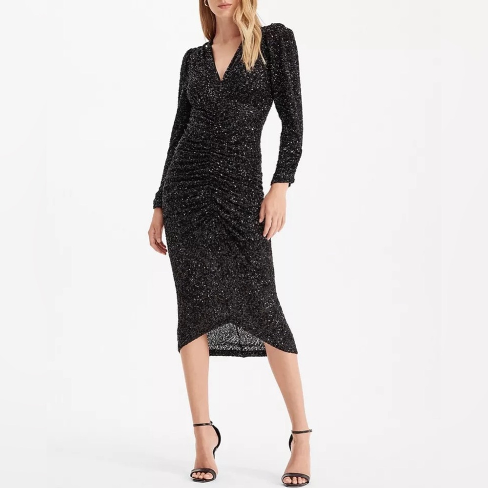 Express women black sequin puffed shoulder/v neck S NWT
